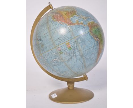 A 20th century Danish Phillips terrestrial polyglobe / desk top globe being raised on a circular gilt base. Measures 42cm hig