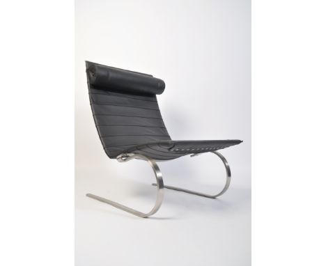After Poul Kjaerholm, a stunning black leather and polished steel PK20 armchair / chair. Raised on stunning cantilever heavy 