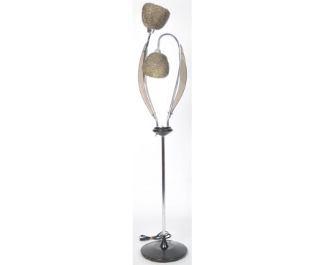 A stunning retro 20th century twin headed standard lamp. Fitted with two fiberglass sugar spun shades with smoked Perspex lea