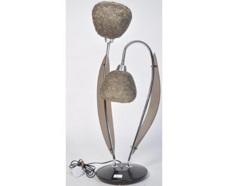 A stunning retro 20th century twin headed table lamp. Fitted with two fiberglass sugar spun shades with smoked Perspex leaf e
