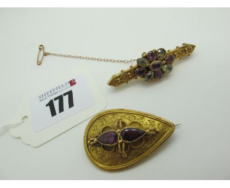 A XIX Century Bar Brooch, collet set to the centre, on textured bar, stamped "15ct"; together with a two stone brooch,of shie