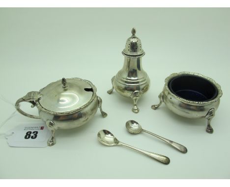 A Hallmarked Silver Three Piece Cruet Set, London 1937; together with a pair of associated hallmarked silver spoons.  