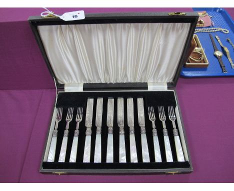 A Matched Set of Six Matched Hallmarked Silver and Mother of Pearl Dessert Knives and Forks, J.G, Sheffield 1896, 1897 (one k