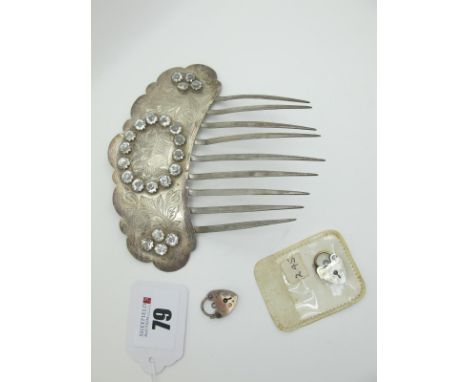 A Decorative Hair Comb, with engraved decoration and claw set highlights; two heart shape padlock style clasps, 