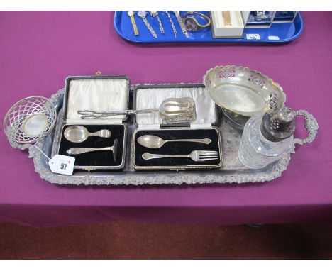 A Decorative Twin Handled Plated Tray, bearing presentation inscription, hallmarked silver baby's pusher and spoon, in a fitt