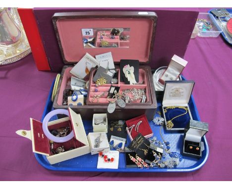 Assorted Costume Earrings, vintage lapis lazuli carved necklace, jewel;ery box, bangles, dog brooch etc :- One Tray 