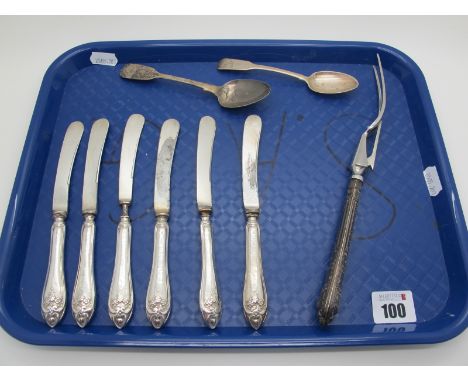 A Set of Six Hallmarked Silver Handled Tea Knives, together with a hallmarked silver handled meat serving fork and two hallma