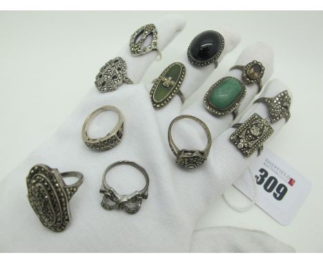 A Collection of Assorted Vintage and Later Marcasite Set Dress Rings, including "925", "9ct &amp; Sil", etc. (12)