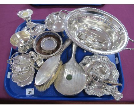 A Hallmarked Silver Backed Hand Mirror and Hair Brush, together with assorted plated ware including plated on copper chambers