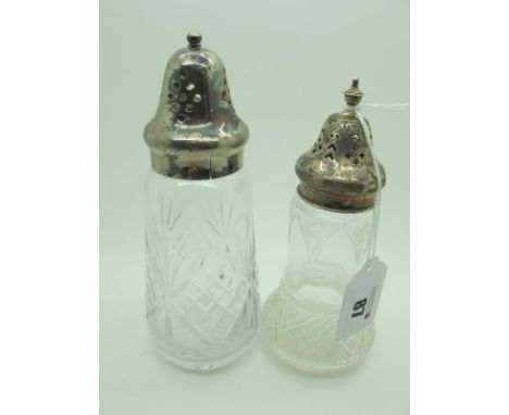 A Hallmarked Silver Mounted Glass Sugar Caster, together with a plated mounted example. (2)