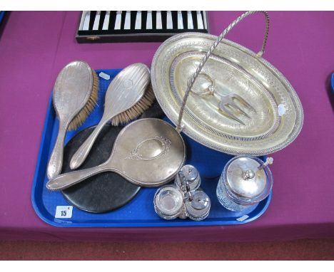 Hallmarked Silver Backed Hand Mirror and Hair Brushes, together with a plated swing handled oval pedestal dish, a further han