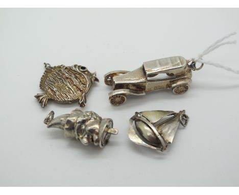 Novelty Charm Pendants, including vintage motor car (stamped "SIL", 3.7cm long); Mr Punch style head charm, stamped "Silver";