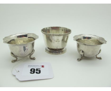 A Pair of Hallmarked Silver Salts, (marks rubbed); together with a further hallmarked silver salt of panelled design. (3)