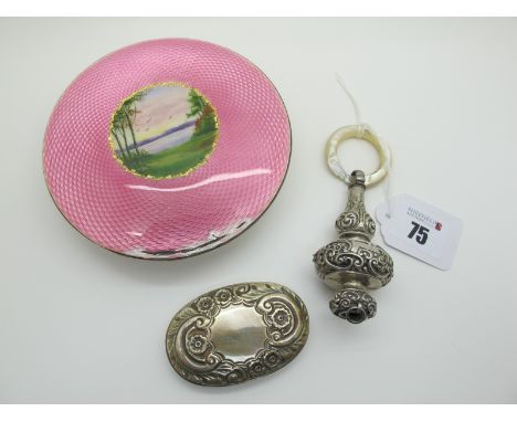 A Highly Decorative Hallmarked Silver and Enamel Lid, Birmingham 1928, (lacking base) detailed with central circular vignette