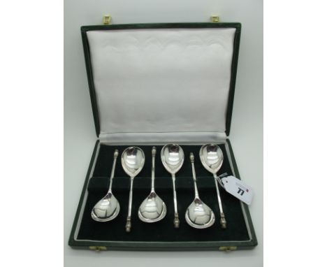 A Set of Six Hallmarked Silver 'Owl Knopped' Spoons, R&amp;B, London 1986, 16th Century style (180grams), in a fitted case. 