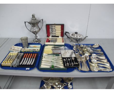 A Collection of Assorted Plated and Other Cutlery, including set of six hallmarked silver trefid style coffee spoons, in a fi