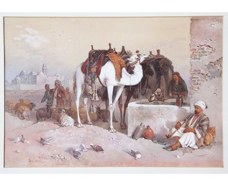 Attributed to Joseph Austin Benwell (British fl 1865-1886),watercolour,three camels at a water trough with figures, sheep and