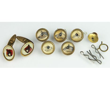 A set of five reverse painted intaglio buttons, each depicting a horse's head within yellow metal surround (at fault), along 