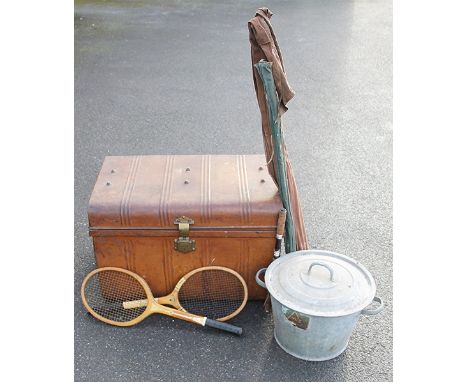 A vintage painted tin trunk, an Apex steel washing bucket and cover along with two vintage tennis rackets and fishing rods (Q