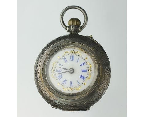 A silver cased lady's fob watch, the silver case with engine turned detail, enclosing a white enamel dial with blue Roman num