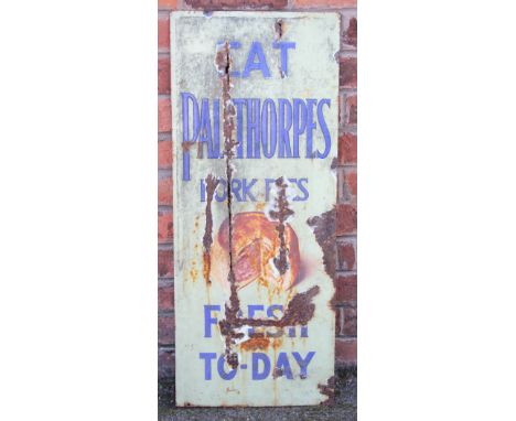 Two enamel advertising signs, to include a 'Eat Palethorpes pork pies' 92cm H  x 38cm W, and a French 'Rubial' sign, 30cm H x