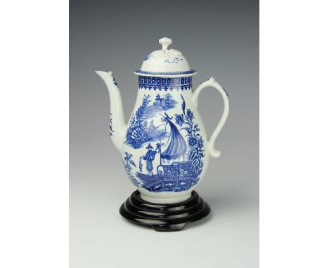 An 18th century Worcester or Caughley porcelain coffee pot and cover, circa 1770 decorated with he fisherman pattern, 13cm (a