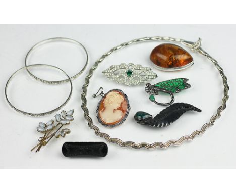A collection of jewellery, to include; a silver decorative necklace stamped '925', weight 50gms along with two bangles, an Ar