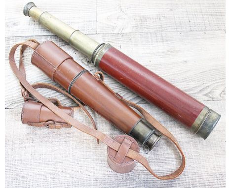 A Dollond of London lacquered brass three drawer telescope, with leather scabbard with smaller compartment for spare lens, wi