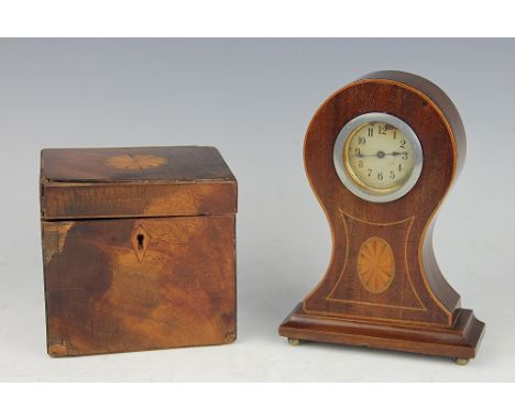 An Edwardian mahogany balloon shaped mantle clock, with enamel Arabic dial and shell inlaid decoration, along with a 19th cen