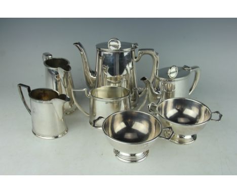 A Walker & Hall EPNS A1 three piece tea and coffee service, circa 1950, No.53678, along with a pair of twin handled footed su