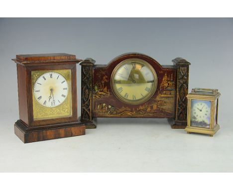 A miniature brass carriage clock, with printed panels, 8cm high, a Chinoiserie cased mantle clock, 14.5cm high along with a f