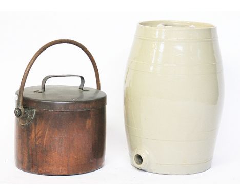 A carved oak aneroid barometer, 80cm, with a stoneware barrel, 41cm and a copper camp cooking pot and cover with swing handle