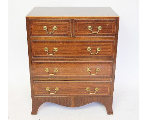A Edwardian mahogany and satinwood inlaid chest of two short above three long drawers, on out swept bracket feet, 75.5cm H x 