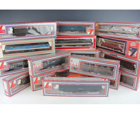 A collection of Lima locomotives and carriages, comprising a King George V loco, three diesel engines and various wagons and 