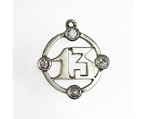 A diamond set '13' pendant, all set in white metal and set within a four diamond surround, unmarked, weight 1.5gms  