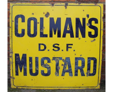 A vintage vitreous enamel advertising sign, in blue enamel  'Colman's D.S.F Mustard' against a yellow ground, 91cm H x 96.5cm