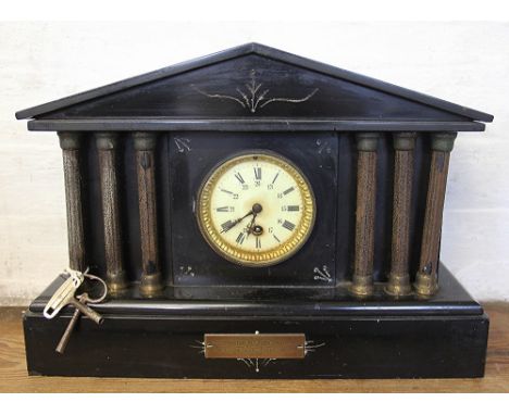 A Victorian black marble eight day mantle clock, (as found), 31cm H