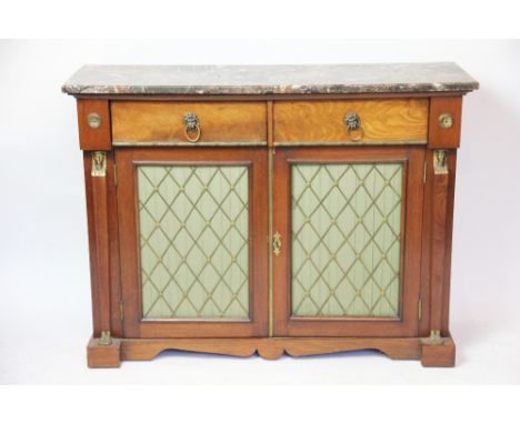 A reproduction Recency style mahogany credenza, the marble top above two drawers with lion mask handles and two vented cupboa