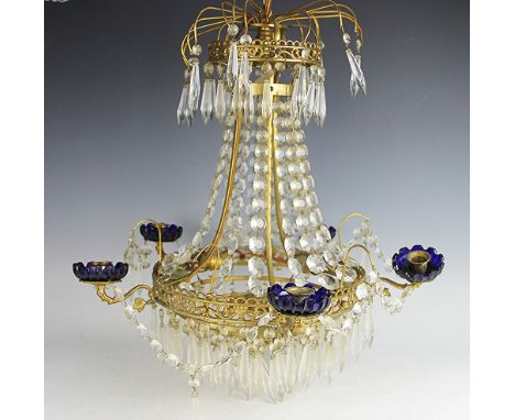 A French gilt metal five light chandelier, of tent and bag form, with cut glass drops and blue glass drip pans, 43cm diameter