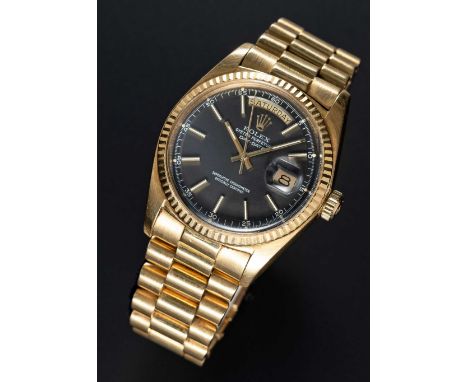 A RARE GENTLEMAN'S 18K SOLID YELLOW GOLD ROLEX OYSTER PERPETUAL DAY DATE PRESIDENT BRACELET WATCHCIRCA 1973, REF. 1803 SLATE 