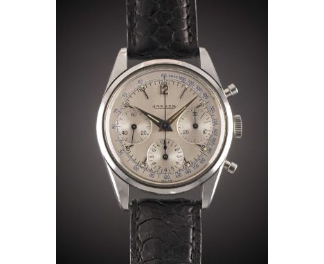 A RARE GENTLEMAN'S STAINLESS STEEL JAEGER CHRONOGRAPH WRIST WATCHCIRCA 1960s, WITH BRUSHED SILVER DIAL & DAUPHINE HANDSMoveme