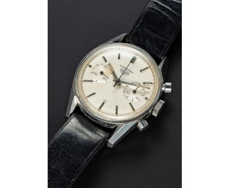 A RARE GENTLEMAN'S STAINLESS STEEL HEUER CARRERA 45 CHRONOGRAPH WRIST WATCHCIRCA 1965, REF. 3647S WITH "SWISS ONLY" "EGGSHELL