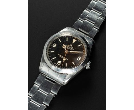 A RARE GENTLEMAN'S STAINLESS STEEL ROLEX OYSTER PERPETUAL EXPLORER BRACELET WATCHCIRCA 1966, REF. 1016 WITH GLOSS BLACK GILT 