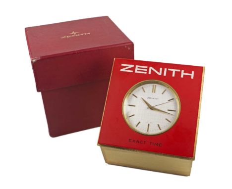 A GILT METAL ZENITH EXACT TIME DESK CLOCKCIRCA 1960s, WITH SILVER "LINEN" DIAL, ACCOMPANIED BY THE ORIGINAL ZENITH BOXMovemen