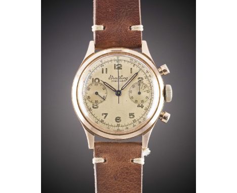 A GENTLEMAN'S 18K SOLID ROSE GOLD BREITLING PREMIER ANTIMAGNETIC "WATERPROOF" CHRONOGRAPH WRIST WATCHCIRCA 1940s, REF. 790Mov