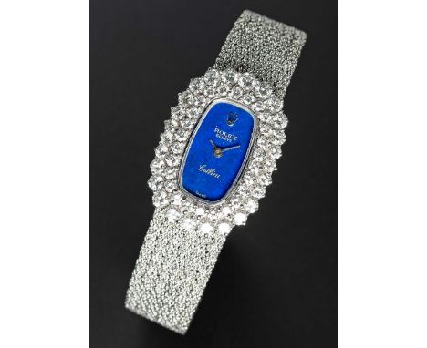 A FINE & RARE LADIES PLATINUM & DIAMOND ROLEX CELLINI BRACELET WATCHCIRCA 1970s, WITH LAPIS LAZULI DIALMovement: 18J, manual 