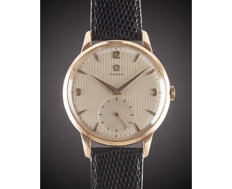 A GENTLEMAN'S OVERSIZE 18K SOLID ROSE GOLD OMEGA WRIST WATCHCIRCA 1954, REF. 2687 HONEYCOMB DIAL WITH ROSE GOLD MARKERS & DAU