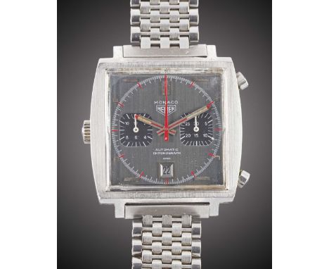 A GENTLEMAN'S STAINLESS STEEL HEUER MONACO AUTOMATIC CHRONOGRAPH BRACELET WATCHCIRCA 1970, REF. 1133G BRUSHED GREY DIAL WITH 