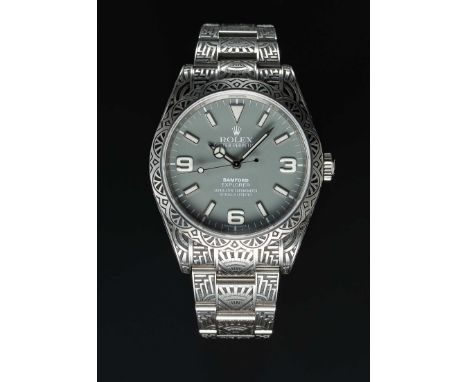 A GENTLEMAN'S ENGRAVED STAINLESS STEEL BAMFORD ROLEX OYSTER PERPETUAL EXPLORER BRACELET WATCHCIRCA 2017, REF. 214270 CUSTOMIS