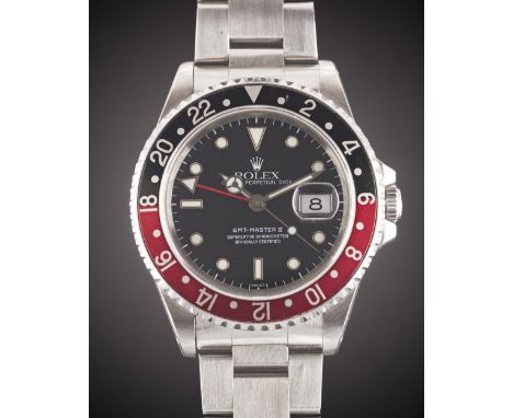 A GENTLEMAN'S STAINLESS STEEL ROLEX OYSTER PERPETUAL DATE GMT MASTER II "COKE" BRACELET WATCHCIRCA 1997, REF. 16710 WITH "SWI